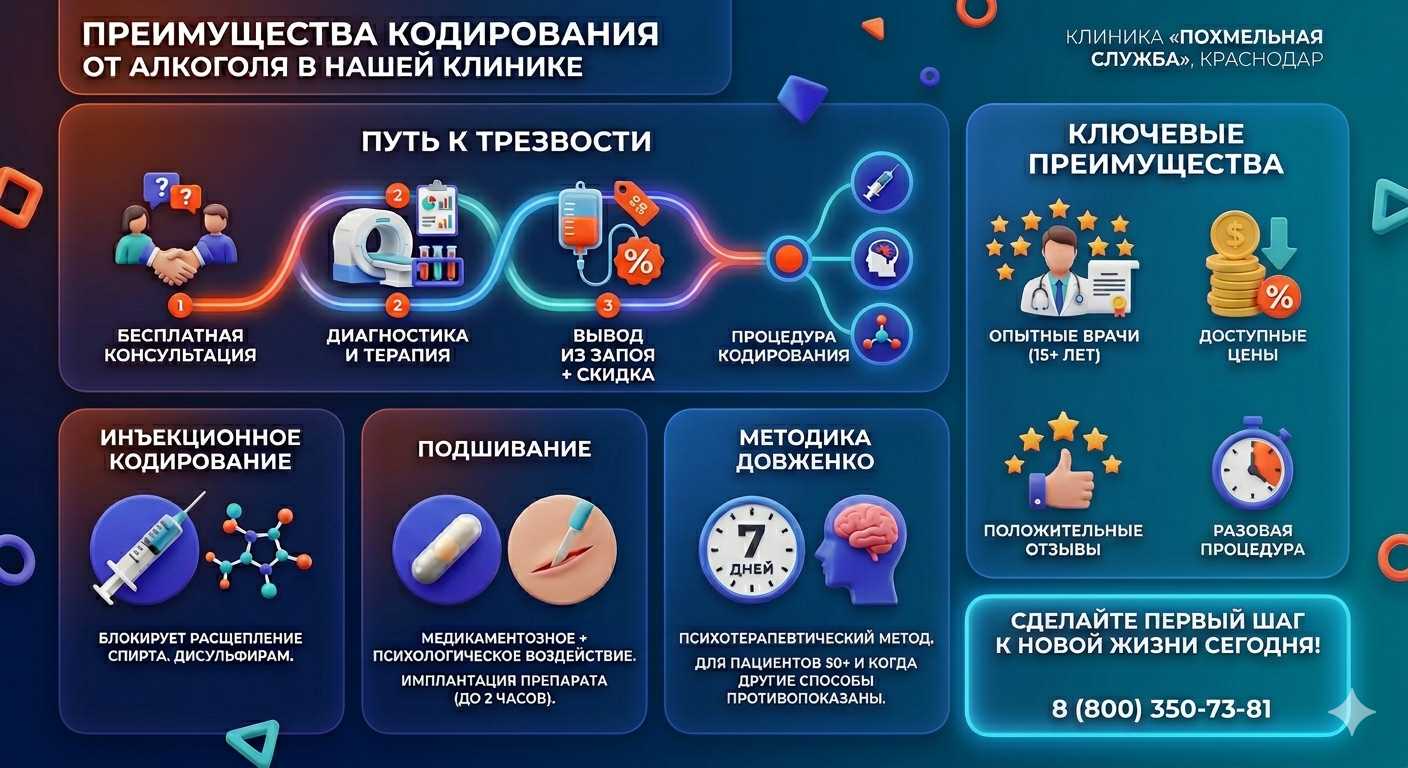 Инфографика о методах кодирования от алкоголя в Карабаново: инъекции, подшивание, метод Довженко. Преимущества клиники и этапы лечения.